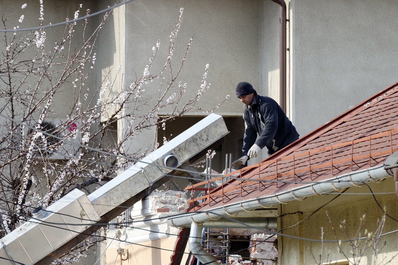 man, the person, worker, work, roof, home, tile, demolition of the, building, the gutter, the exhaust, the debris, tree, blooming, nature, spring